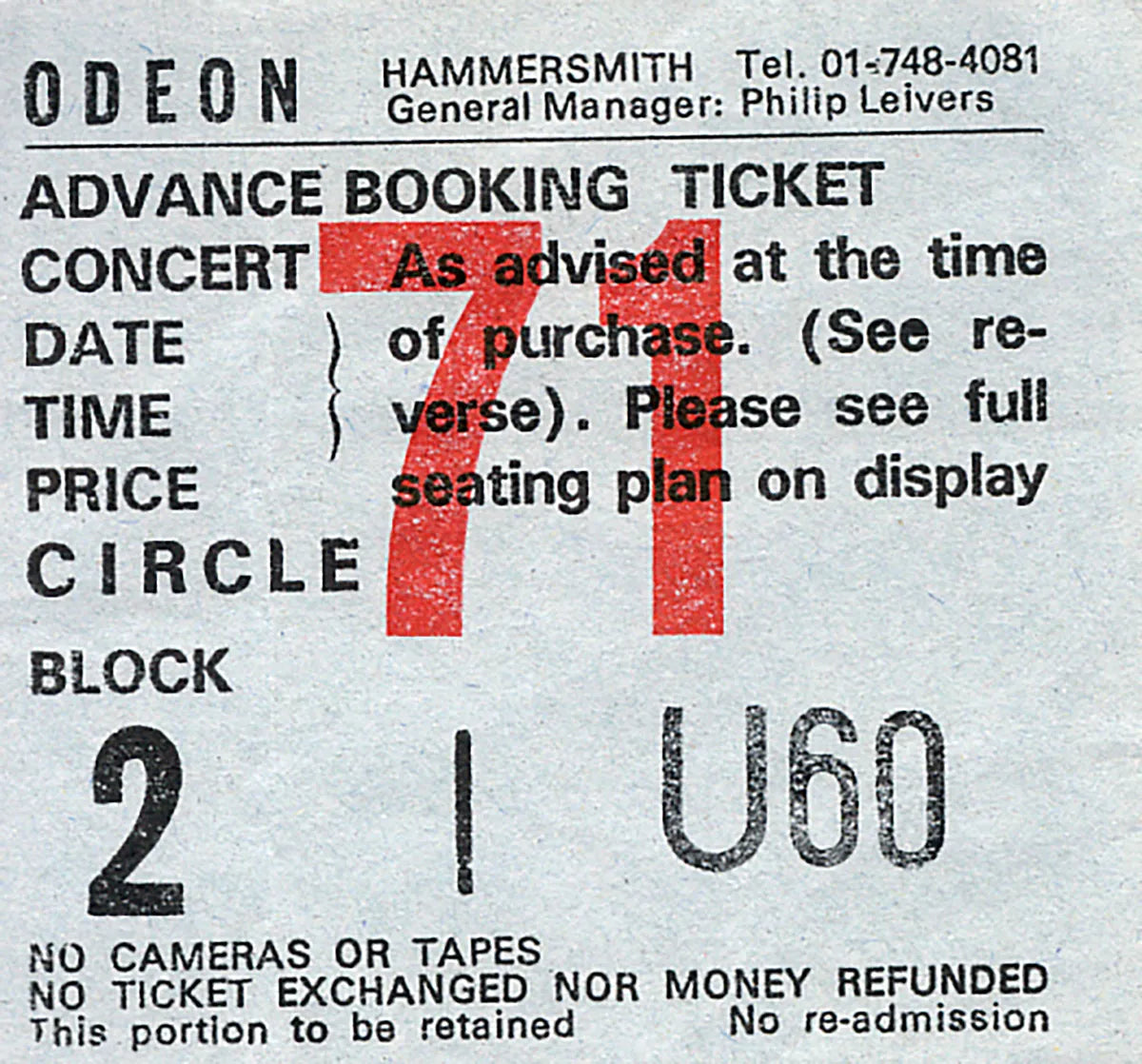 Hammersmith Odeon Ticket, London, UK 1986