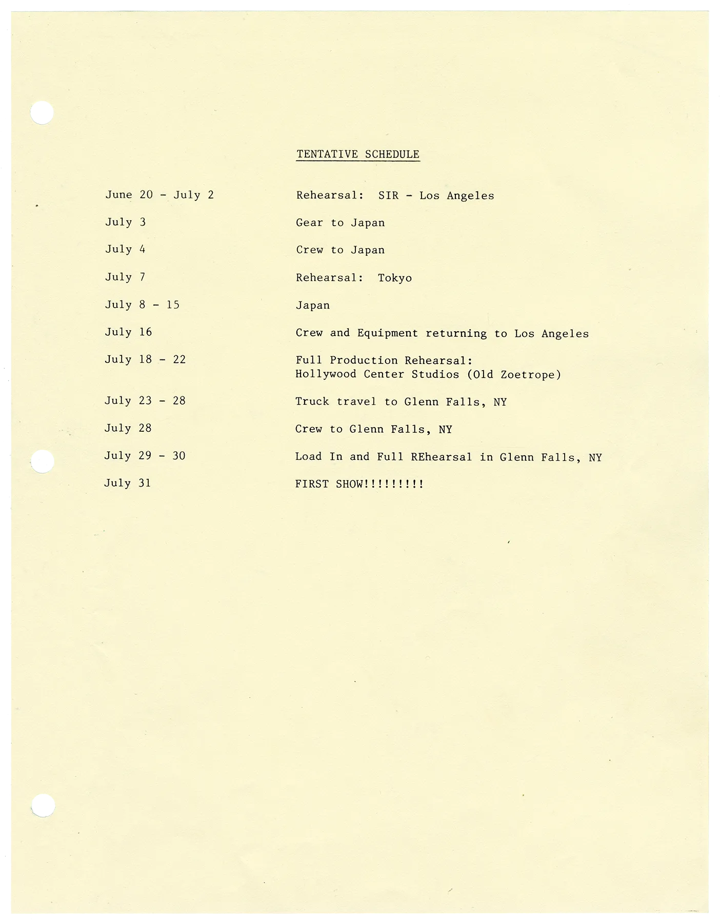 Japan 1985 Tour Itinerary