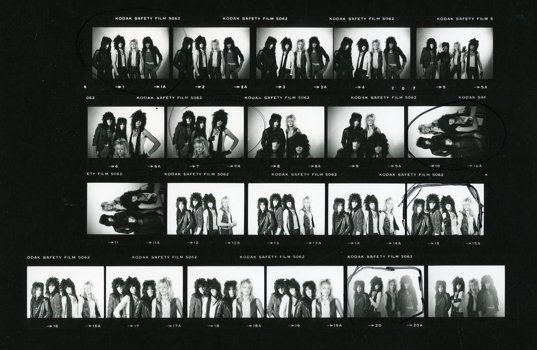 Contact sheet from a 1981 Motley Crue photo shoot