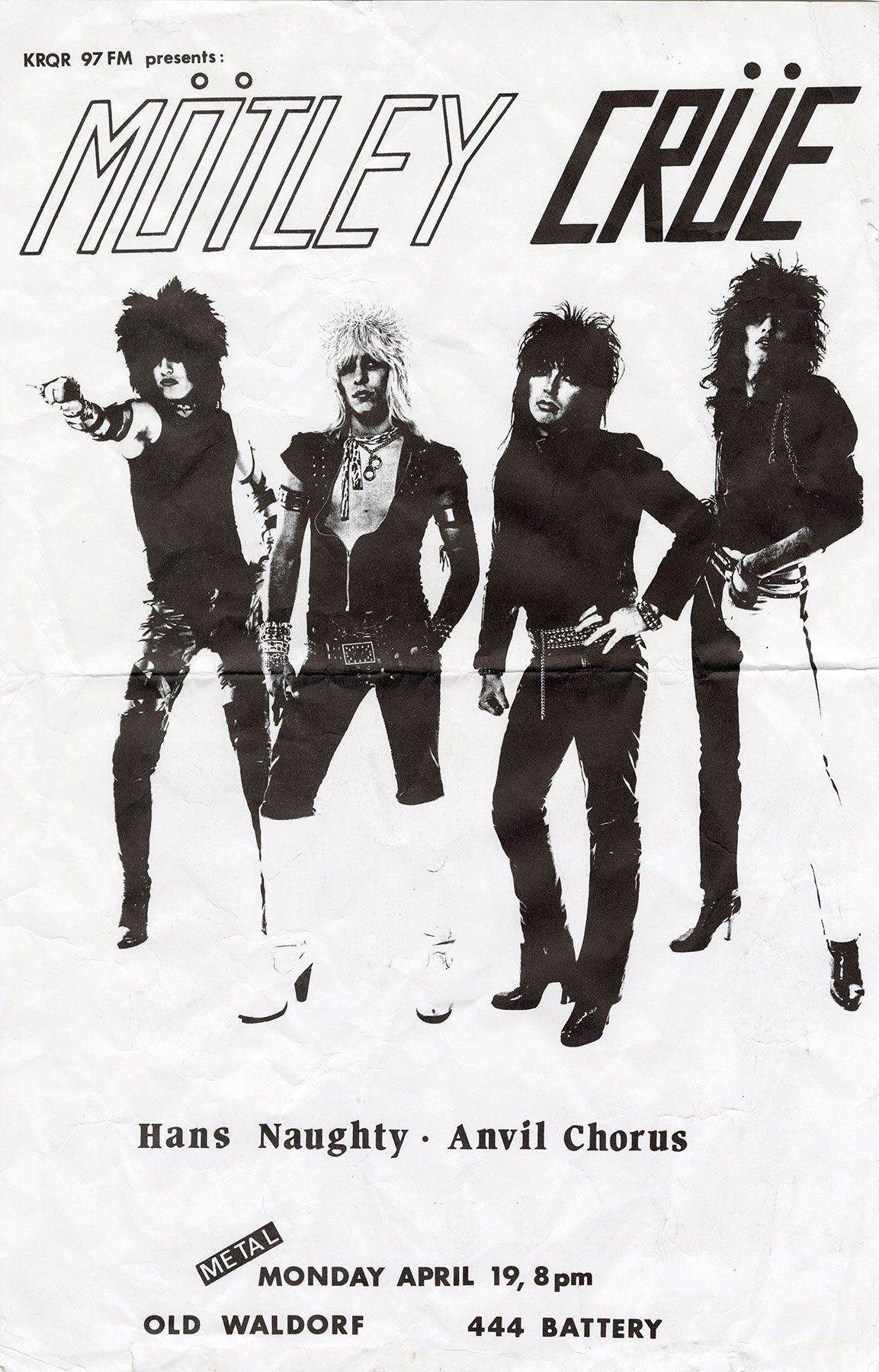 Flyer from Motley Crue's performance at the Old Waldorf in San Francisco 1982
