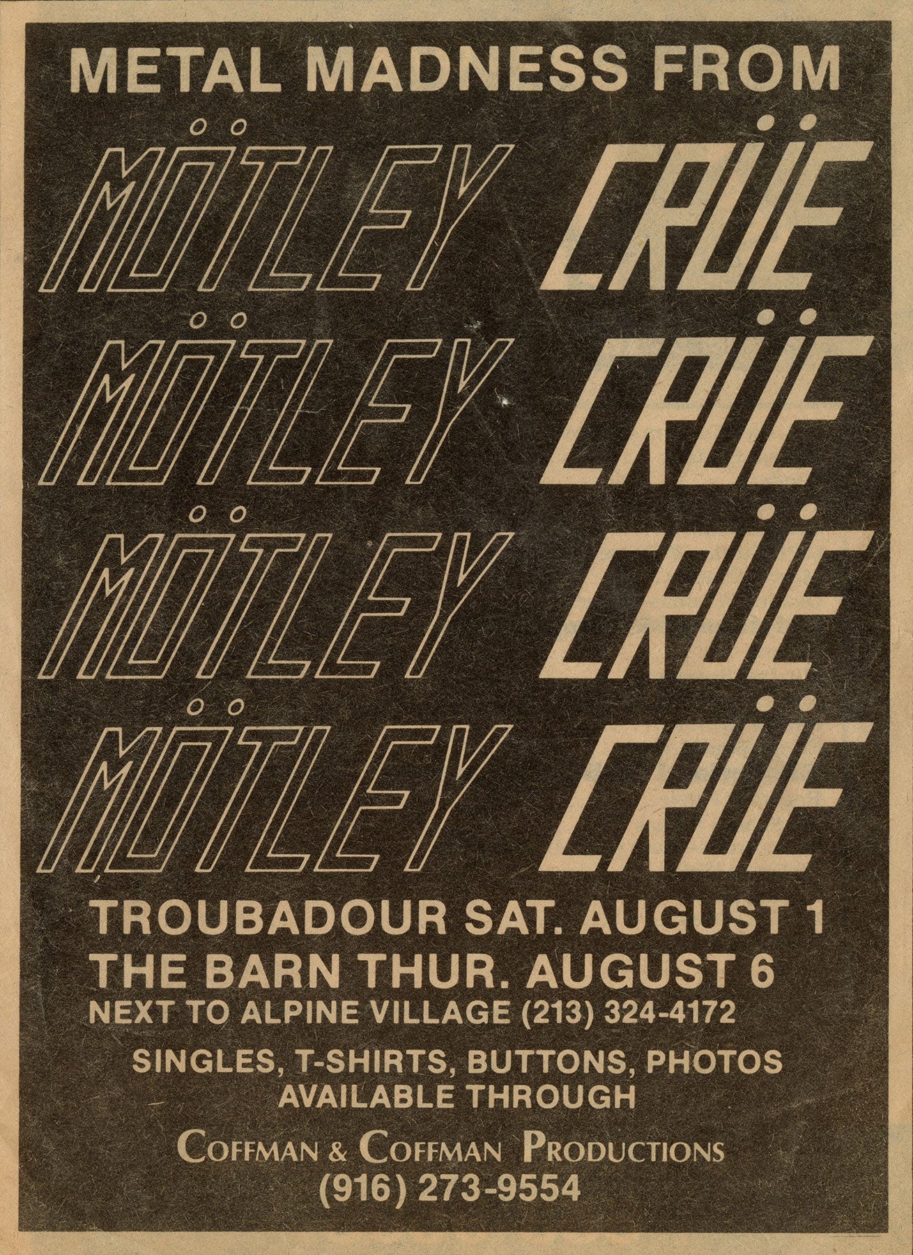 Mötley Crüe flyer promoting 2 shows from 1981