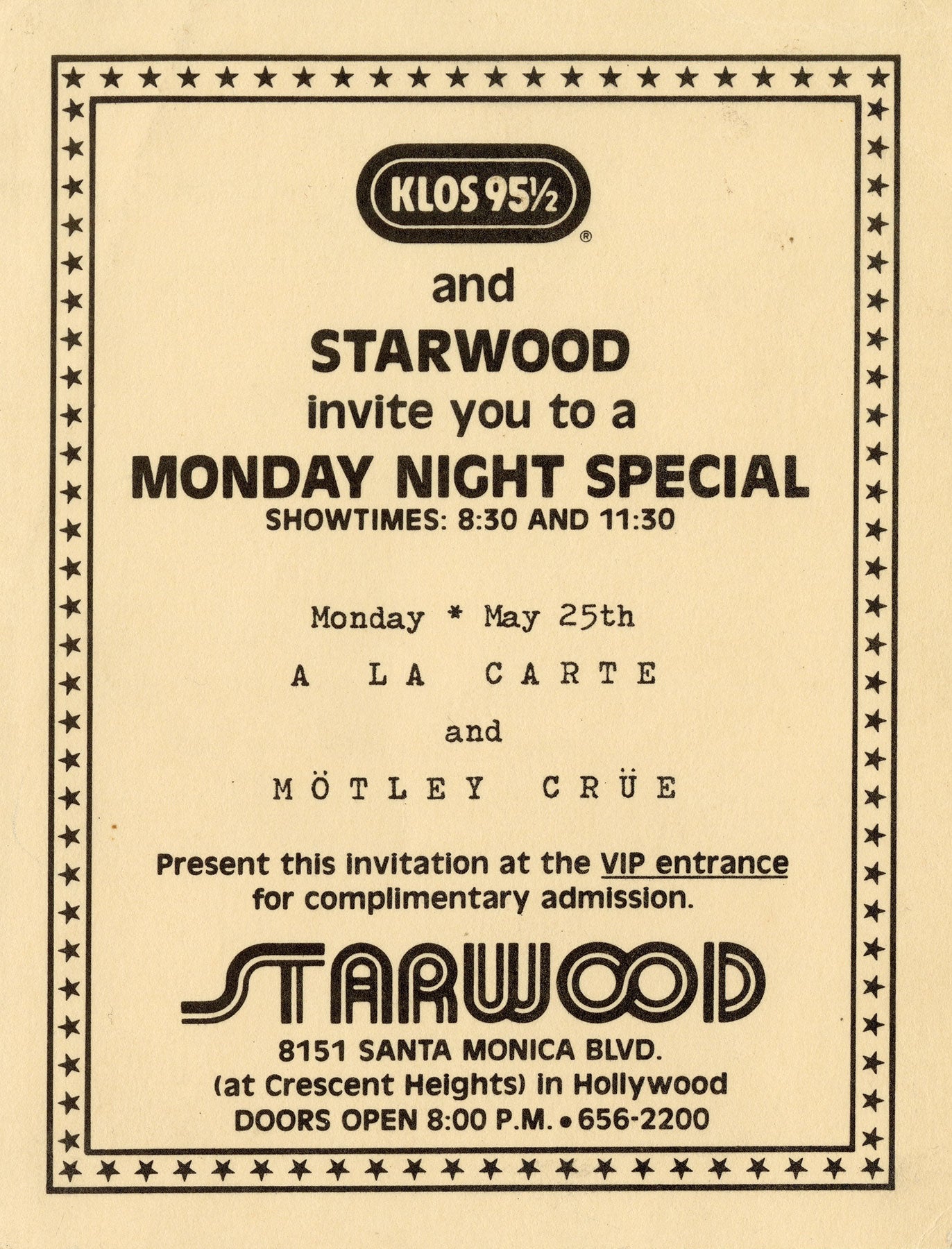 Starwood VIP invitation to see Motley Crue May 25th, 1981