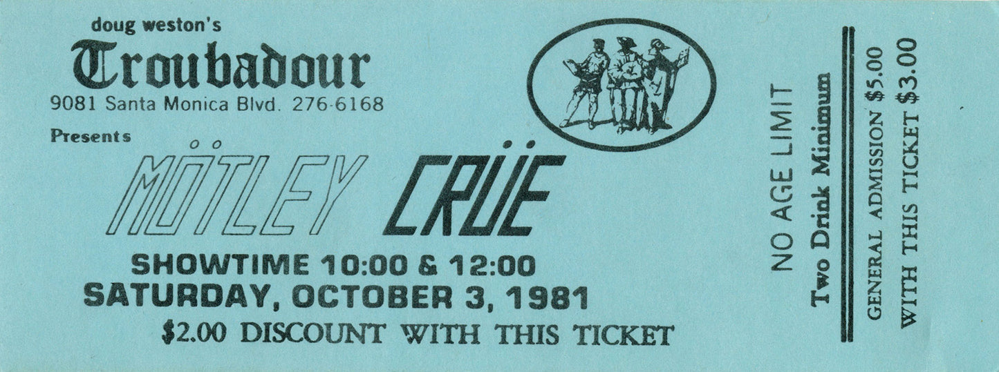 Troubadour Ticket from Motley Crue circa 1981