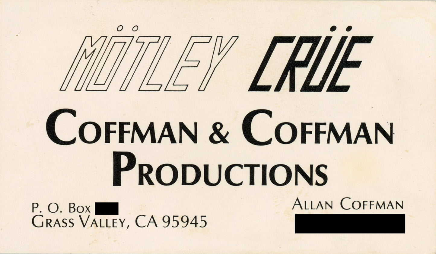 Motley Crue's first business card with Allan Coffman's business info